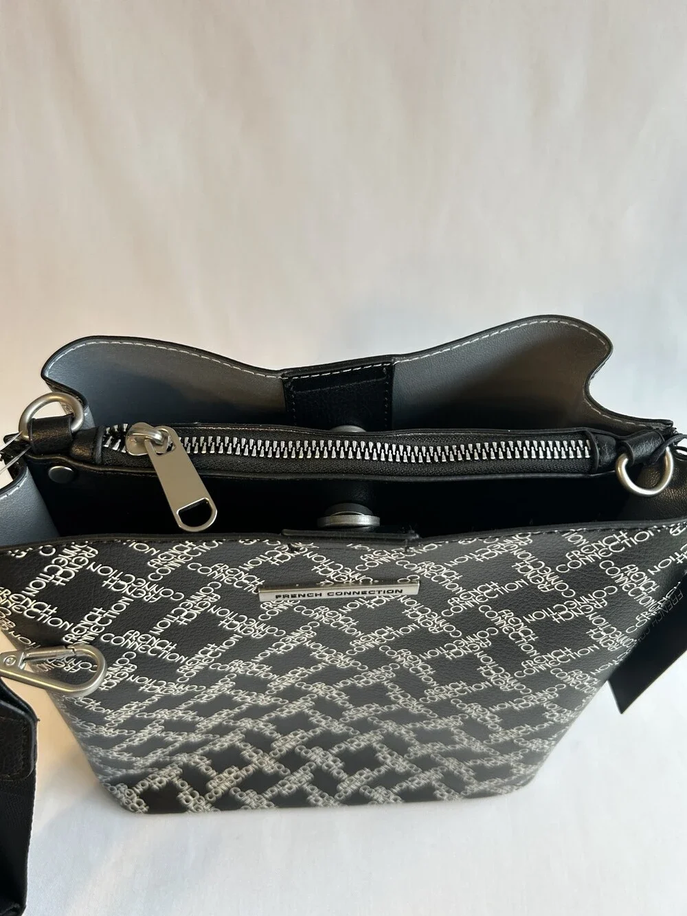French Connection Bucket Shoulder Bag Black Adina Monogram Logo Purse